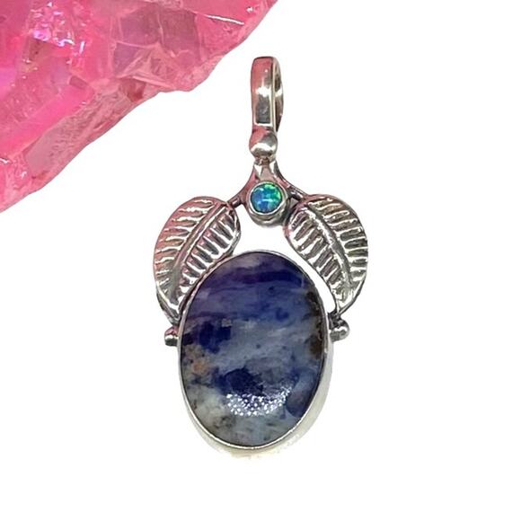 Sodalite & Fire Opal Necklace Pendant Solid 925 Sterling Silver Blue Oval Stone - Picture 1 of 3